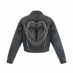 POL Black Denim Jacket with Embellished Heart Cutout Back